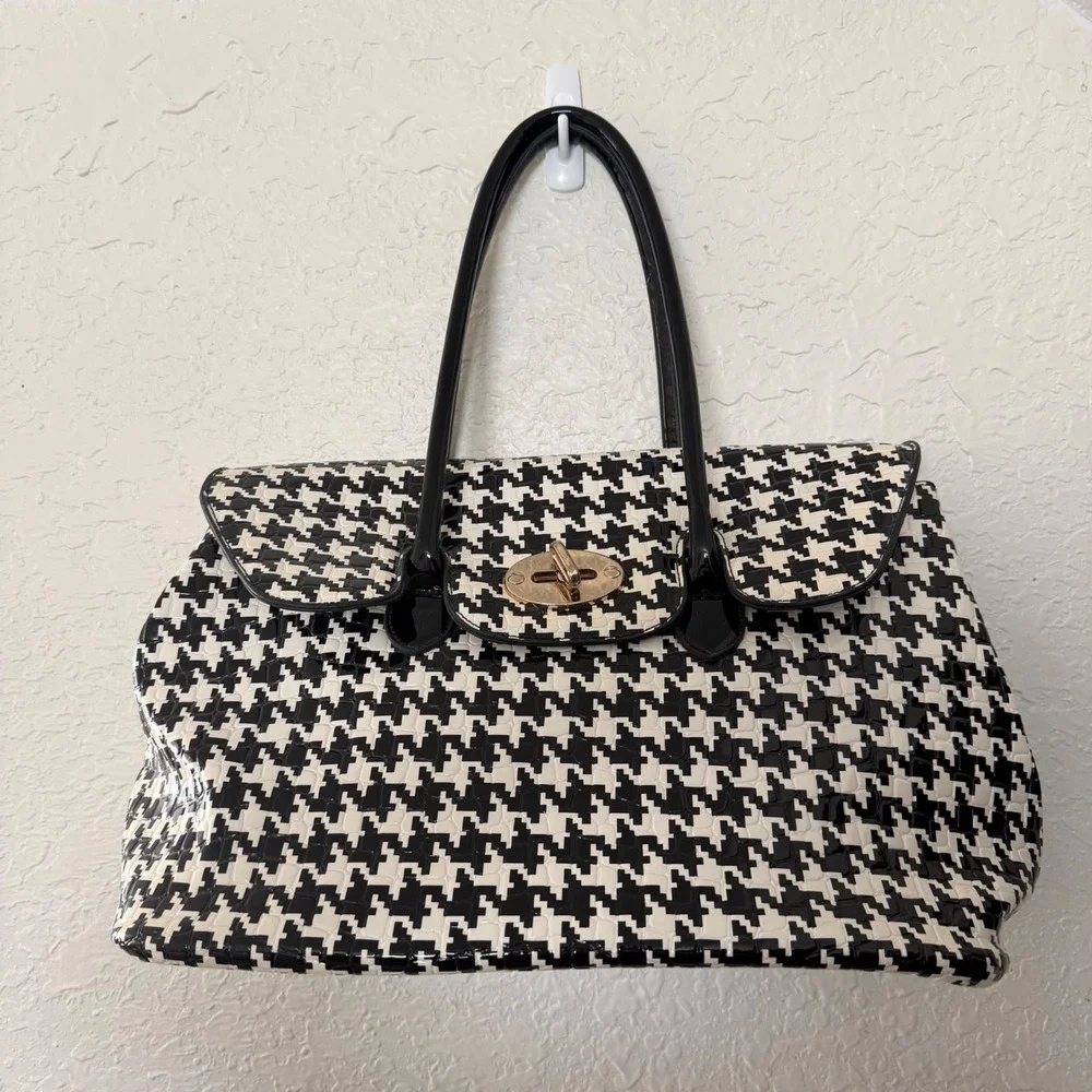 Unbranded Houndstooth Satchel Tote Womens Large Black White Glossy Patent Retro